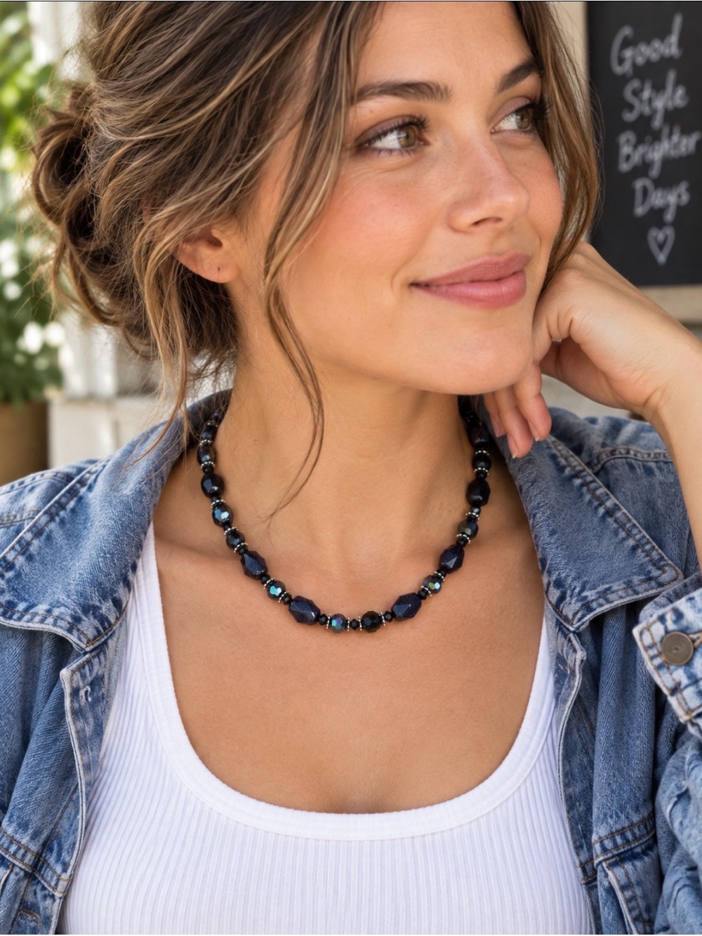 Artisan Blue Goldstone & Czech Glass Beaded Necklace Silver Heart Toggle